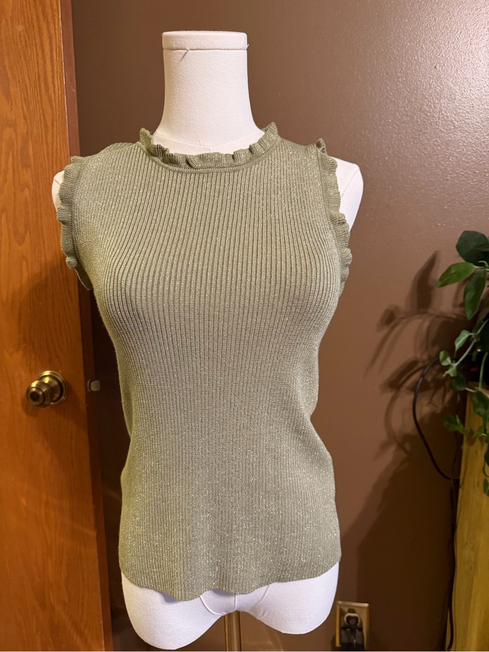 Ribbed Olive Green Ruffle-Trim Knit Tank